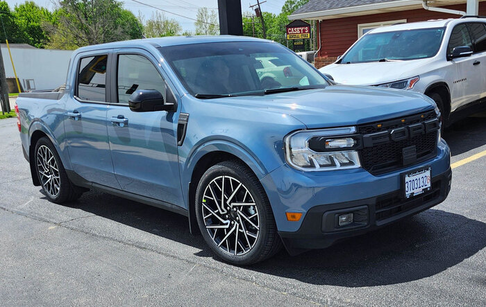 My 2024 Hybrid Maverick Lariat Azure Gray Metallic so far.. Raptor grill, lowered, Mach-E GT wheels